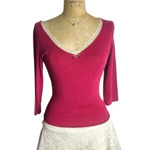 Victoria’s Secret Red Pink Lace Trim V Neck Long Sleeve Romantic Top S